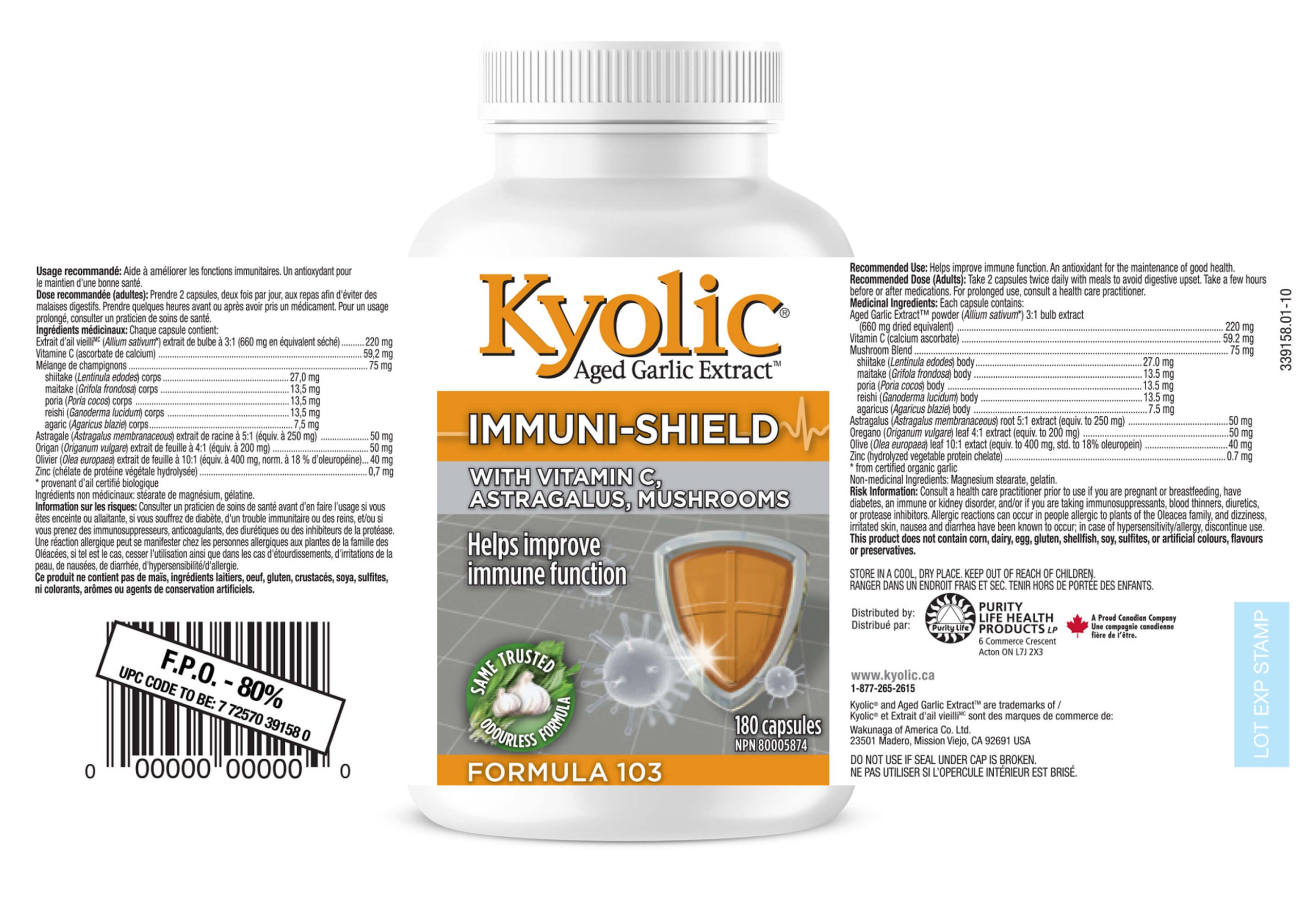 Kyolic Immuni Shield 180 Capsules Product Label